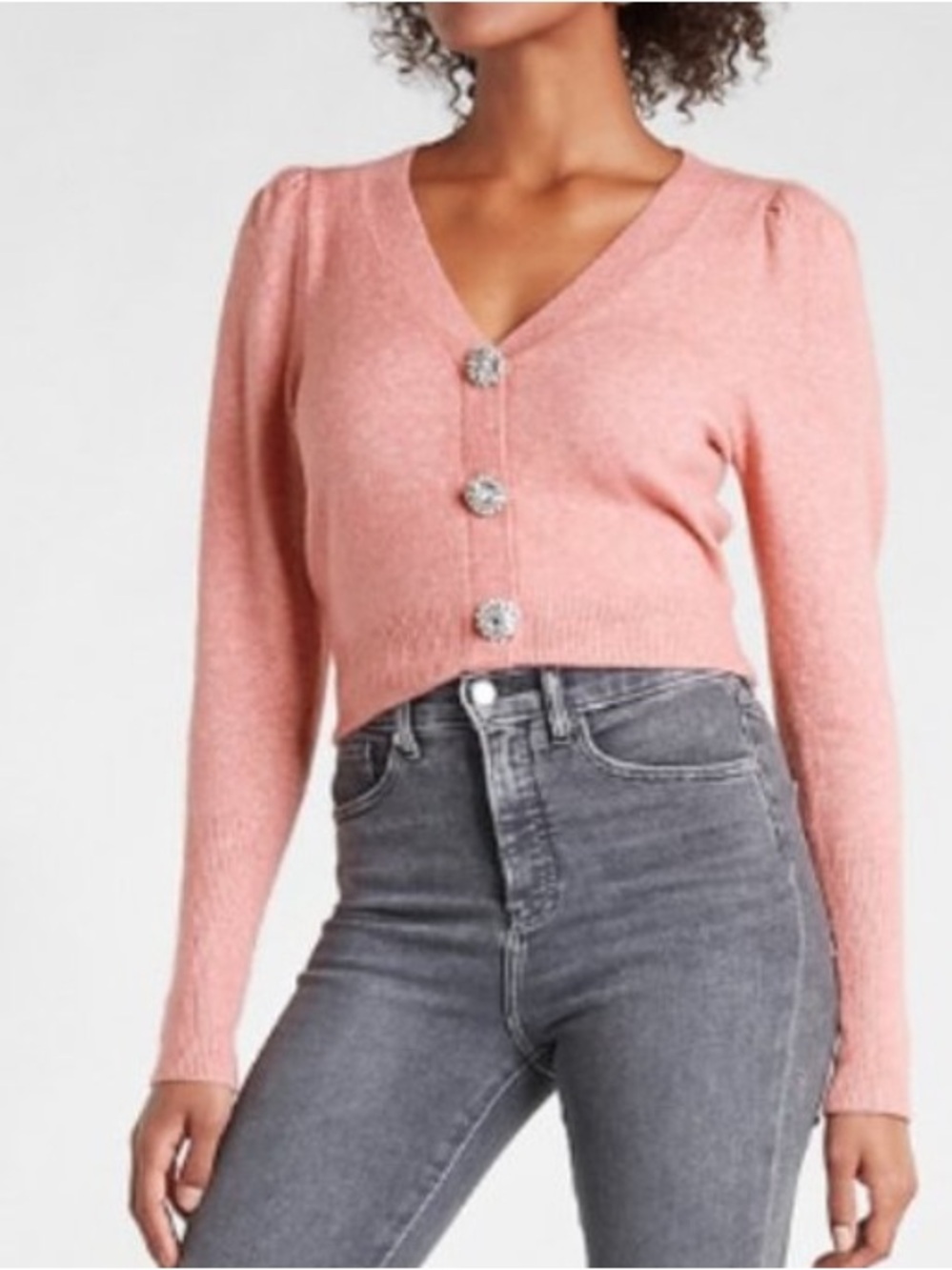 Express Pink V-Neck Cropped Cardigan with Decorative Buttons